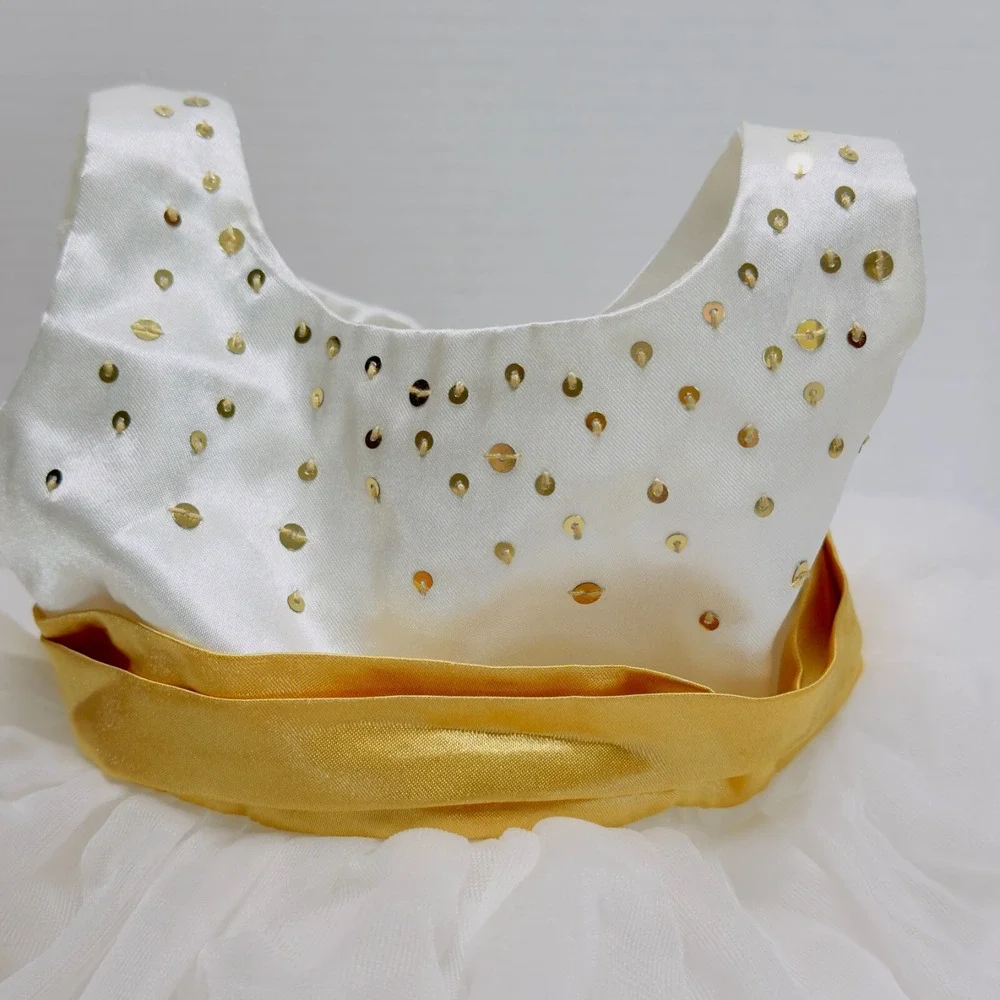 Build a Bear Clothing-Beautiful White Tiered Dress Gold Sequins and shoes Set